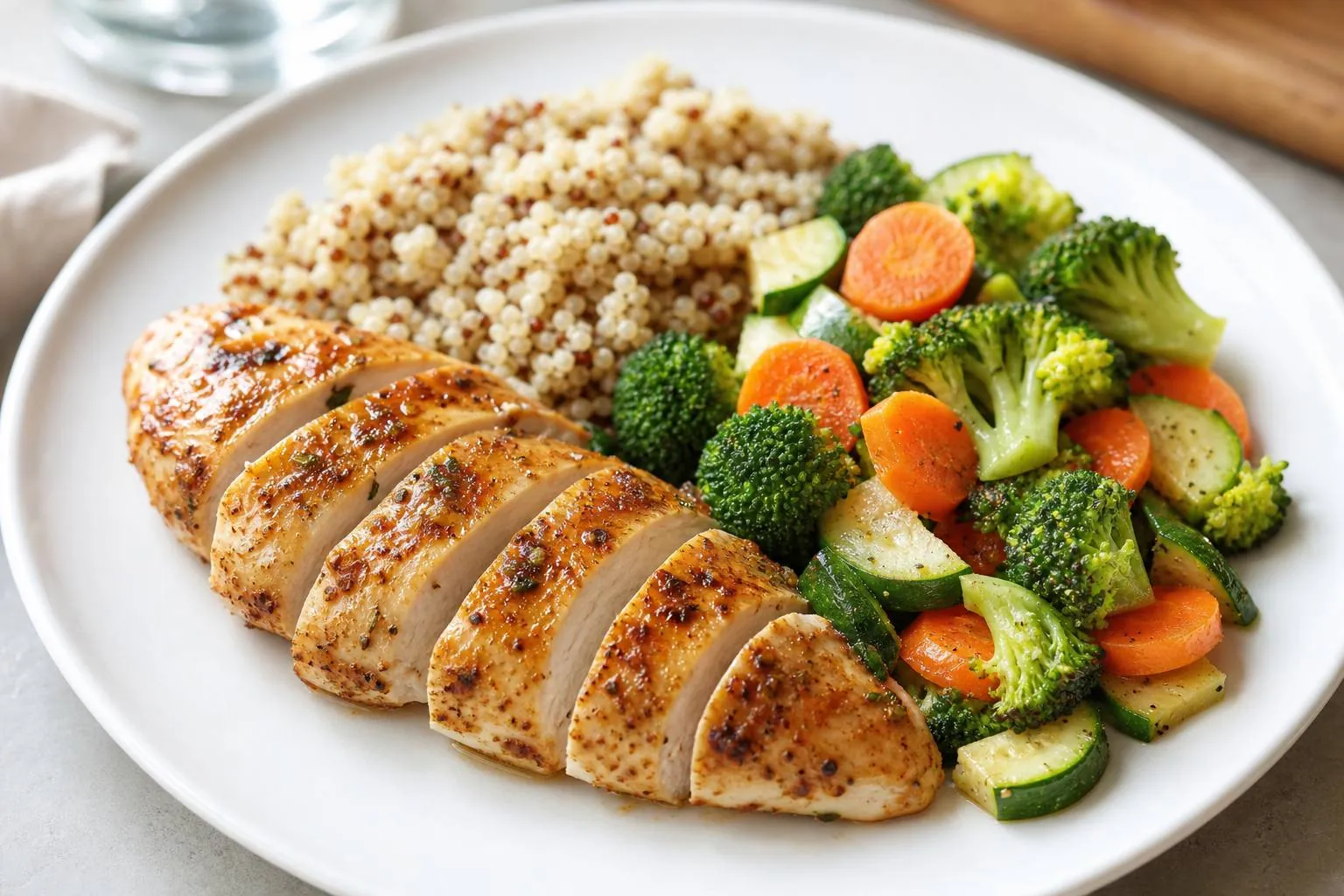 Pranzo: pollo arrosto, quinoa, verdure al vapore