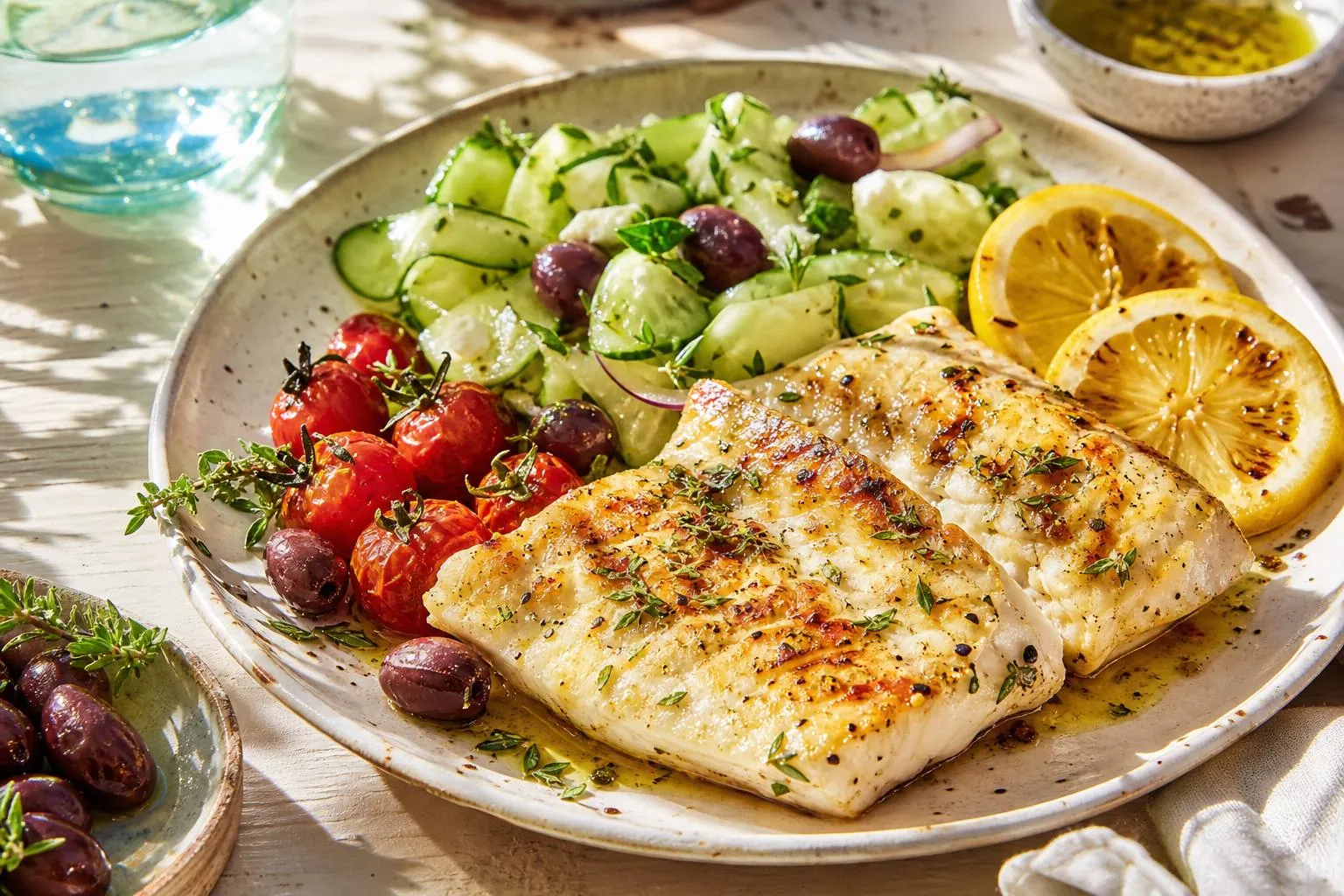 Piano in stile mediterraneo – pesce, olio d'oliva, verdure